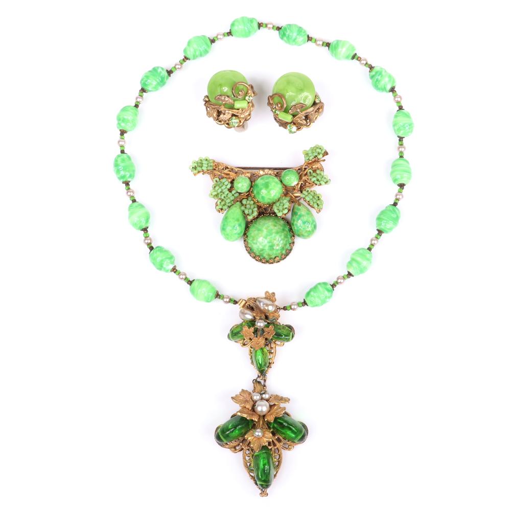 Appraisal: MIRIAM HASKELL NECKLACE EARRING AND PIN GROUP WITH GREEN POURED