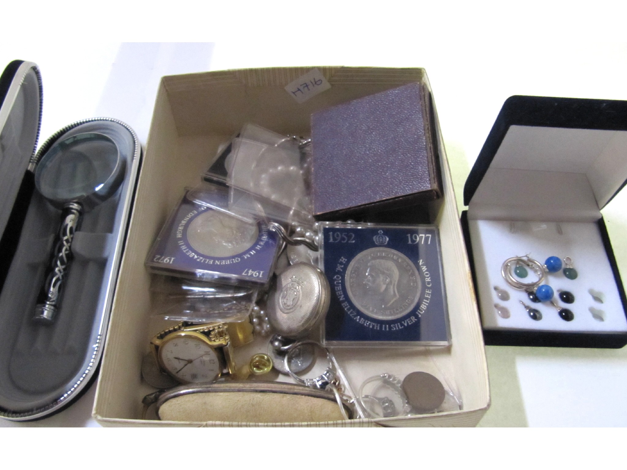 Appraisal: A box of miscellania - costume jewellery watches and coins