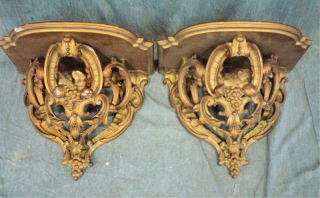 Appraisal: Pair of Giltwood and Gesso Fruit Feather Wall Brackets As