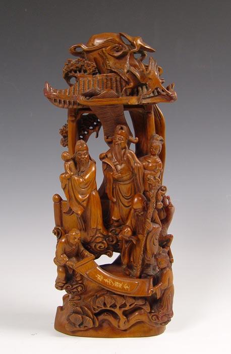 Appraisal: FINE CHINESE WOOD CARVING OF THE THREE STAR GODS With