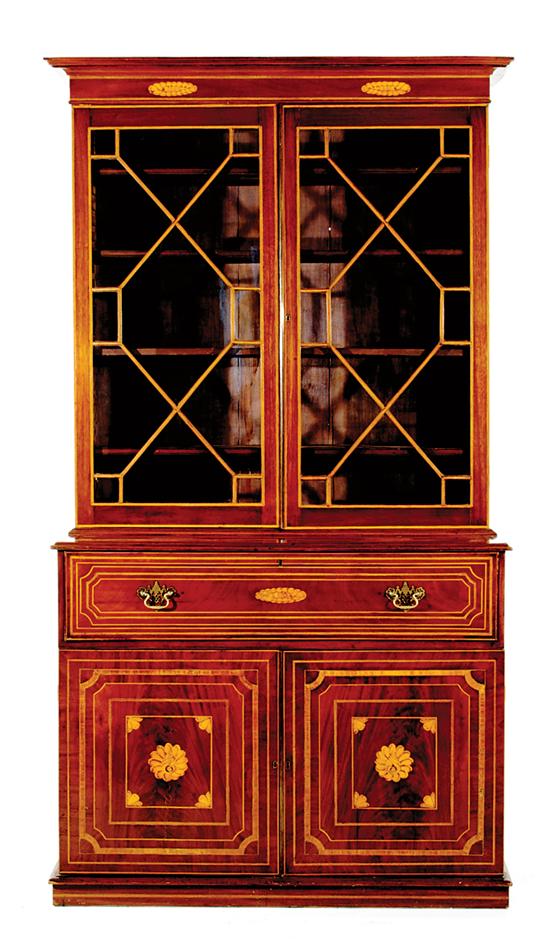 Appraisal: George III style inlaid mahogany secretary bookcase late th century