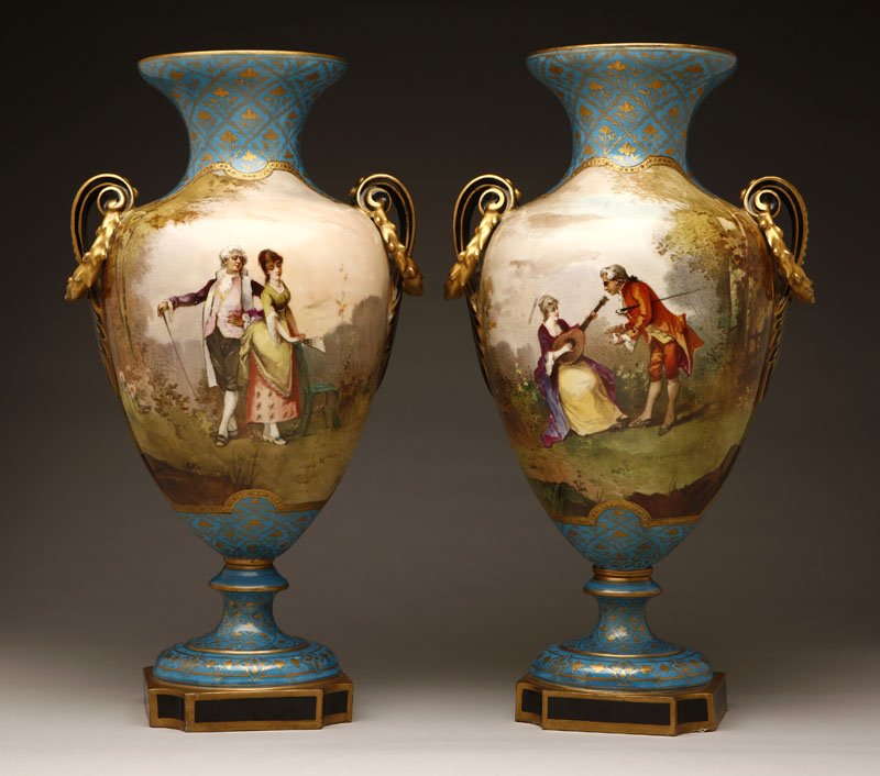 Appraisal: A pair of Paris porcelain light blue ground double-handled vases