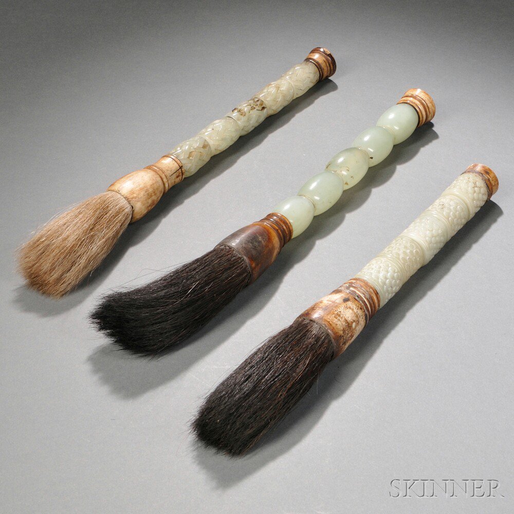 Appraisal: Three Ink Brushes with Carved Stone Handles China th th