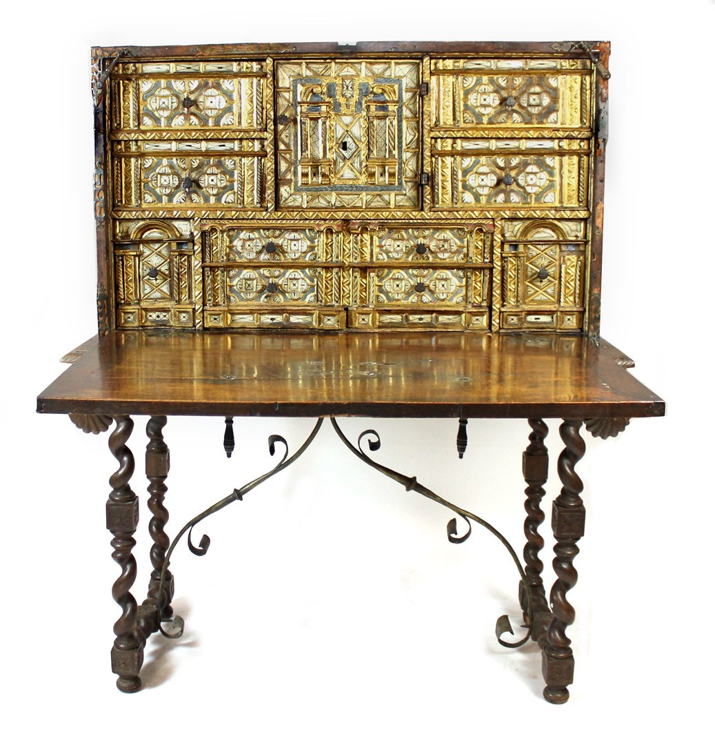 Appraisal: A th century Spanish gilt metal mounted walnut vargueno the