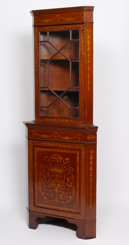 Appraisal: DIMINUTIVE EDWARDIAN INLAID CORNER CABINET Marquetry inlaid with floral garlands