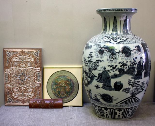 Appraisal: Miscellaneous Chinese Lot Includes two framed embroideries a signed bamboo