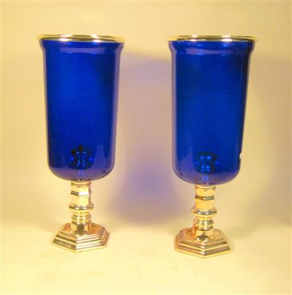 Appraisal: Pair of Ralph Lauren cobalt glass and silvered metal hurricane