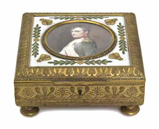 Appraisal: An Empire Gilt Bronze and Porcelain Table Casket the rectangular