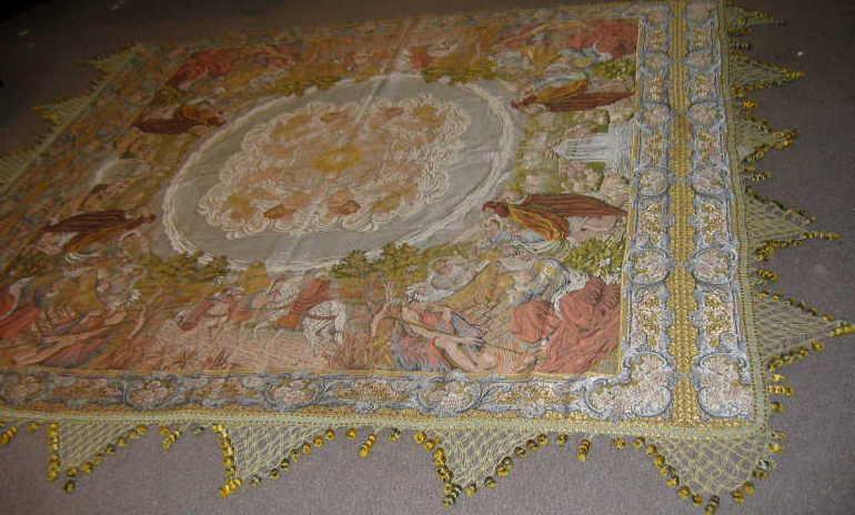 Appraisal: ITALIAN MACHINE WOVEN PICTORIAL BEDSPREAD Multicolored Biblical scenes depicting birth