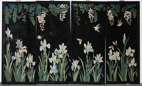 Appraisal: A set of four Coromandal-style lacquered wood wall panels th