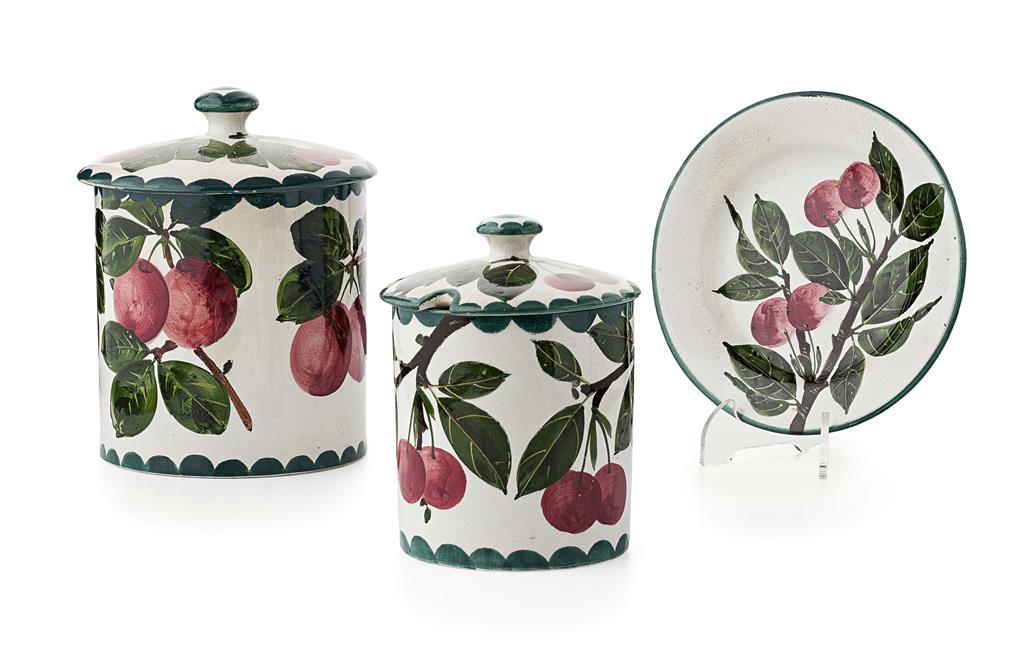 Appraisal: WEMYSS WARE TWO 'CHERRIES' PRESERVE JARS COVERS EARLY TH CENTURY