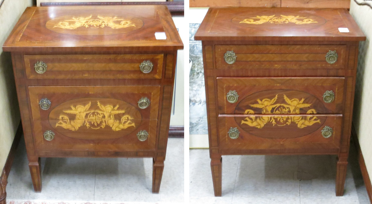 Appraisal: PAIR OF ITALIAN NEOCLASSICAL STYLE PETITE MARQUETRY COMMODES th century