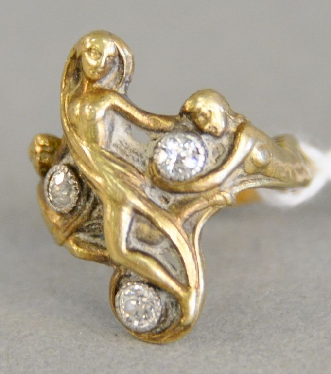 Appraisal: K gold Art Nouveau figural ring with woman flanked by