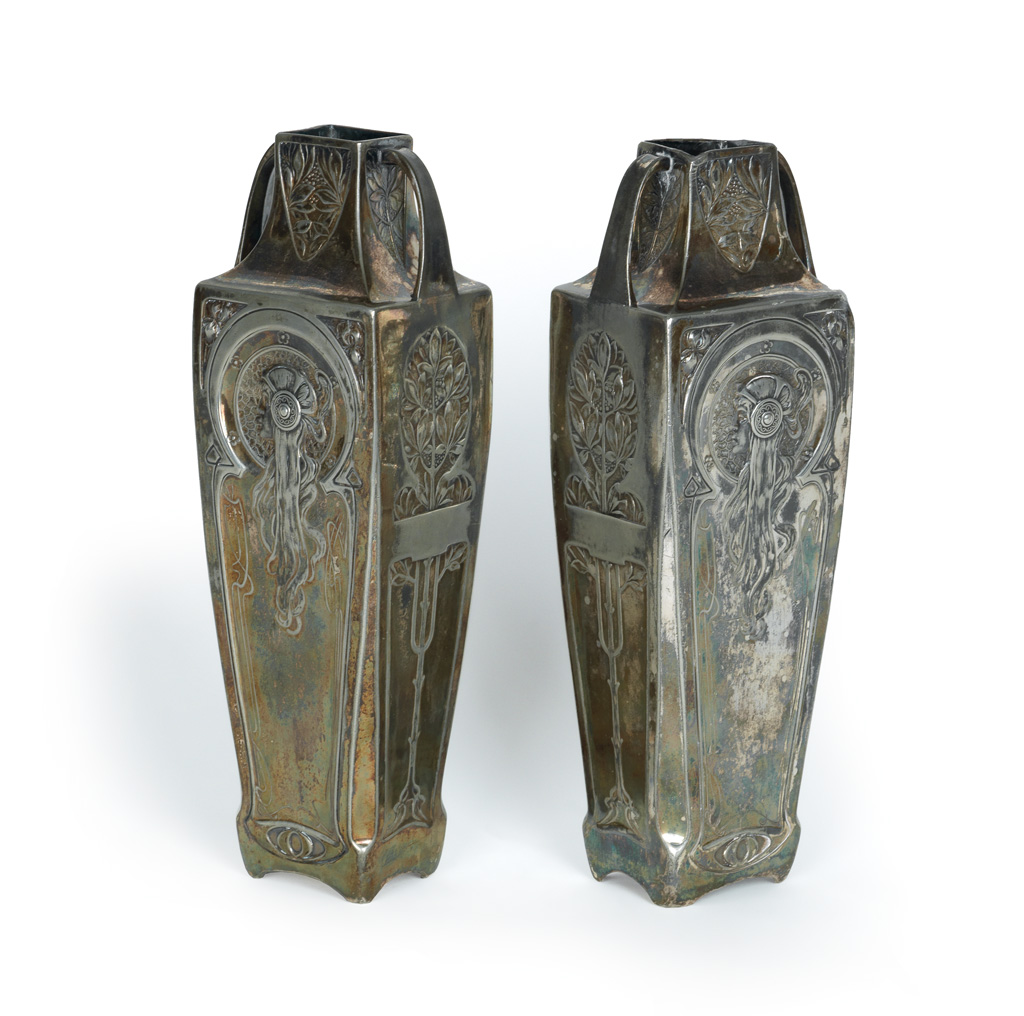 Appraisal: D'APR S ALPHONSE MUCHA - TWO SILVER - PLATED VASES