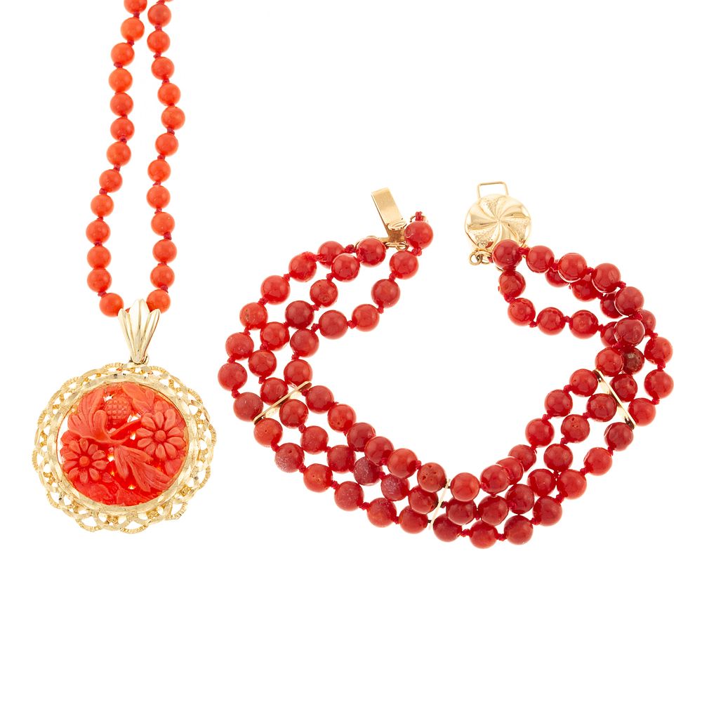 Appraisal: A Carved Coral Necklace Bracelet in K K yellow gold