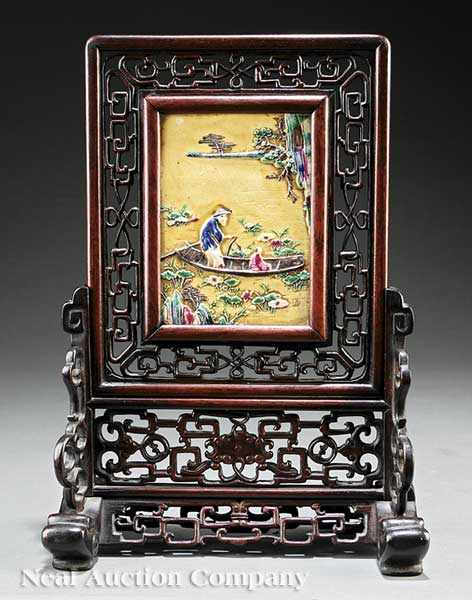 Appraisal: A Chinese Relief Molded Famille Jaune Porcelain Inset Table Screen