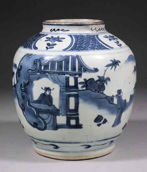 Appraisal: A Chinese blue and white porcelain bulbous jar painted with