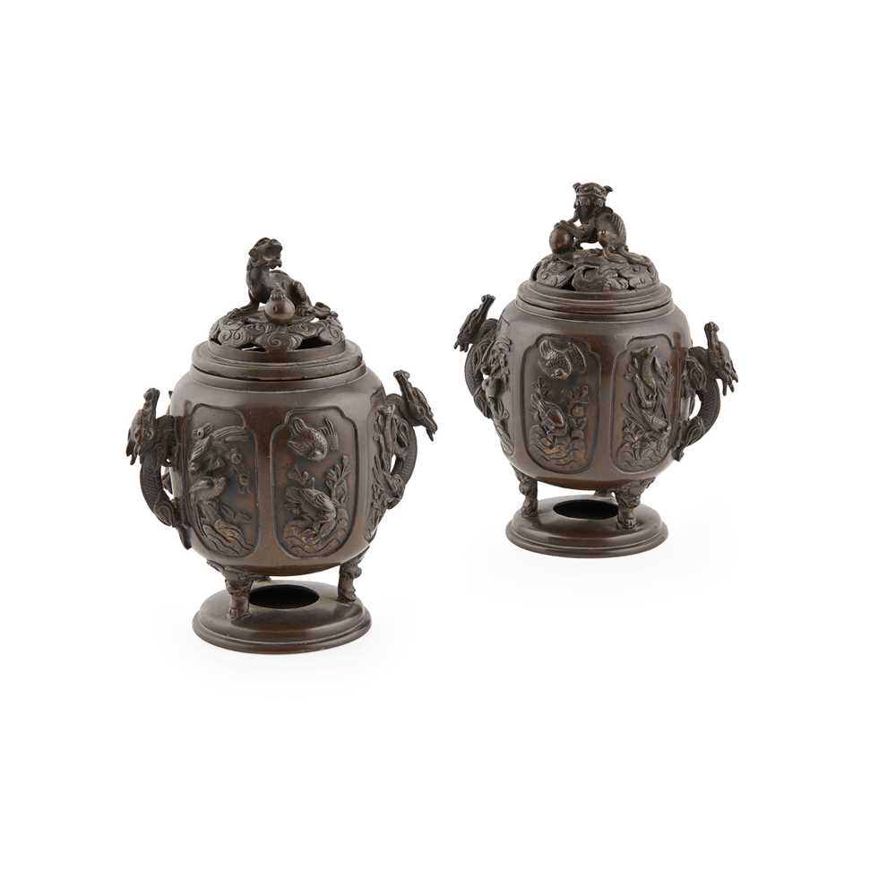 Appraisal: GROUP OF THREE BRONZE CENSERS KORO comprising a pair of