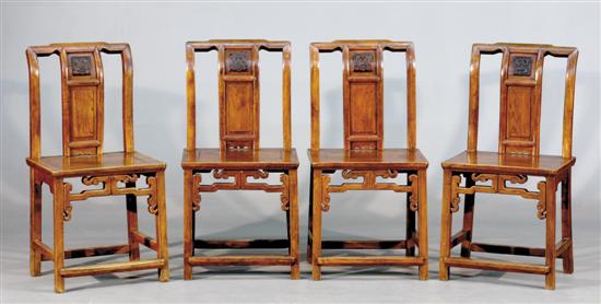 Appraisal: Four Chinese carved elm sidechairs circa curved back with solid