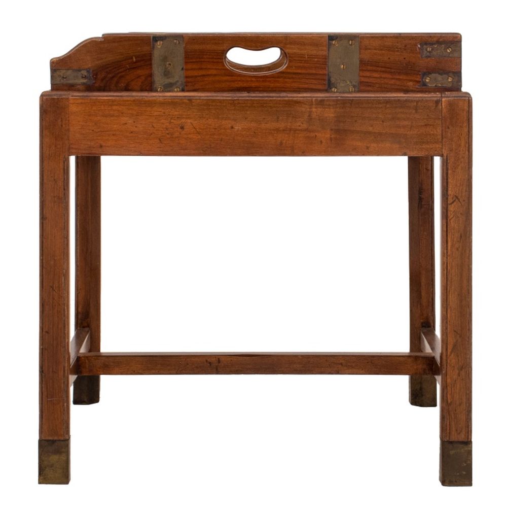 Appraisal: CAMPAIGN STYLE MAHOGANY TRAY ON STAND LAMP TABLE Campaign Style