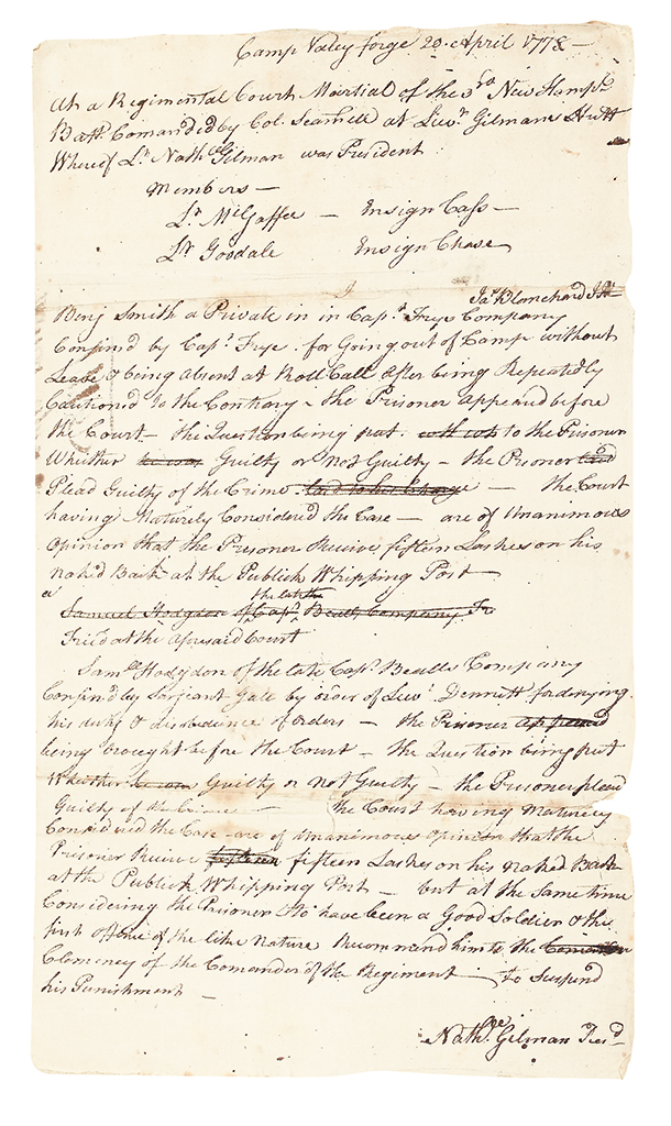 Appraisal: AMERICAN REVOLUTION-- Minutes of a regimental court martial at Valley