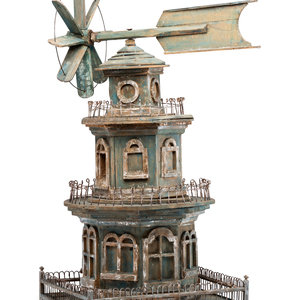 Appraisal: A Victorian Painted Wood and Wire Architectural Whirligig Directional Birdhouse