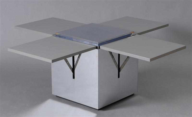 Appraisal: POLISHED CHROME AND LACQUER DROP-LEAF CUBE TABLE IN THE STYLE