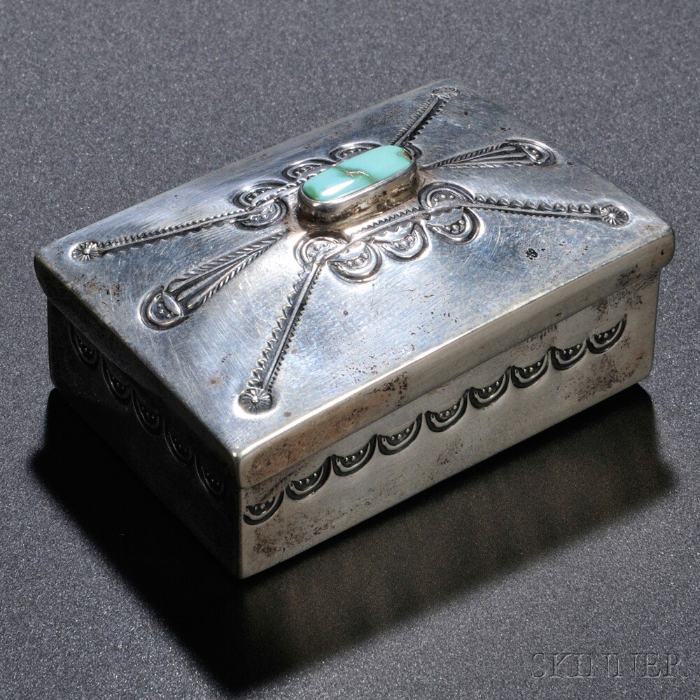 Appraisal: Navajo Silver Turquoise Box with stamped decoration x x in