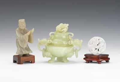 Appraisal: Three Chinese Carved Jade and Hardstone Objects Including a standing