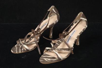 Appraisal: Manolo Blahnik animal print linen high heel sandals Brown and