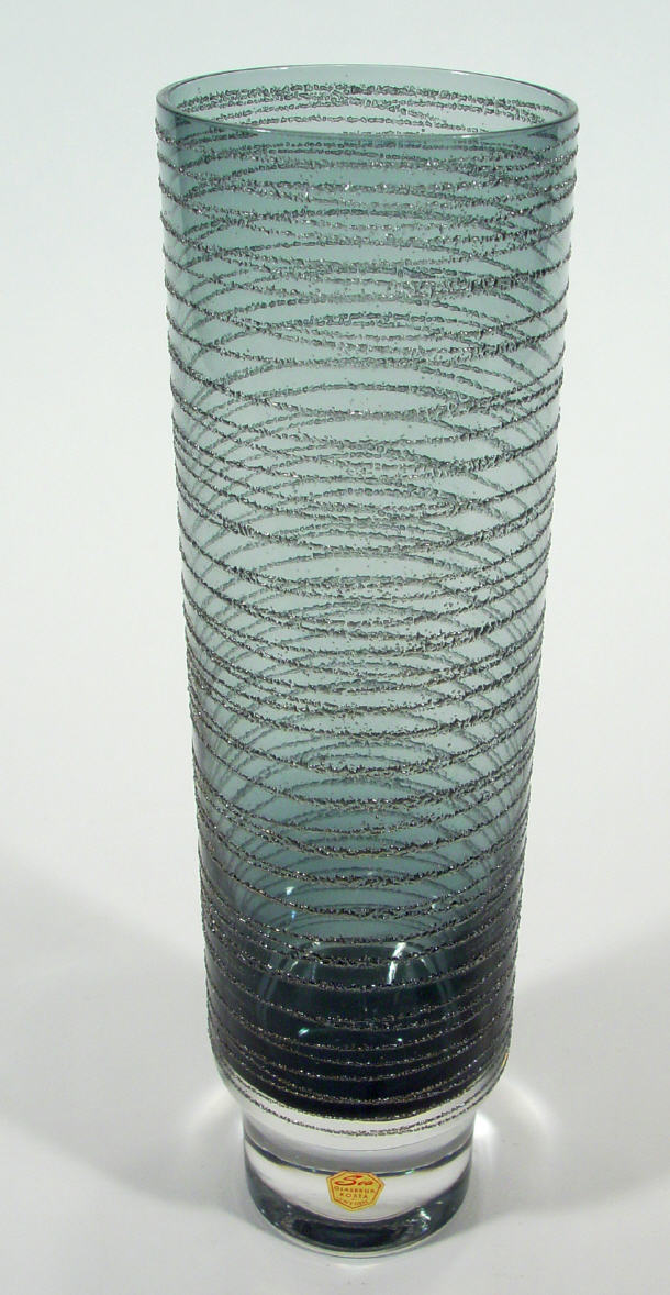 Appraisal: Cylindrical Kosta amethyst glass vase with silver trail decoration paper