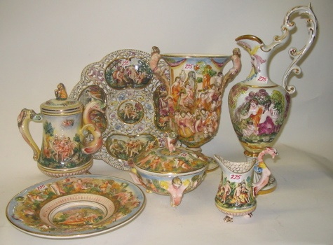 Appraisal: A GROUPING OF SEVEN CAPODIMONTE ITALIAN PORCELAINS Two are bowls