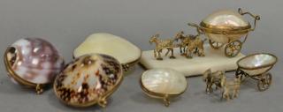 Appraisal: Six seashell trinket boxes incluiding shell carriages lead by goats