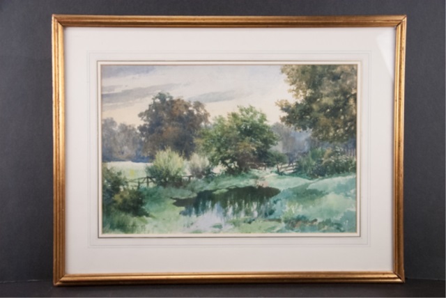 Appraisal: Watercolor by Edwin Glasgow Woodland scene with pond Frame X