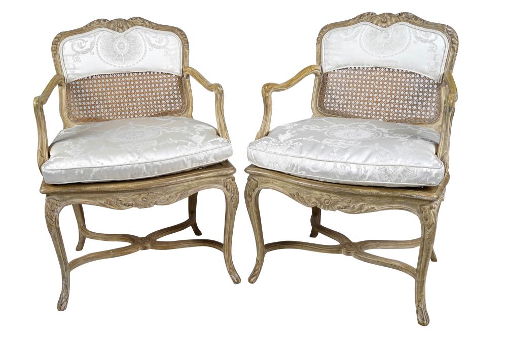 Appraisal: PAIR OF CARVED BLEACHED WOOD FAUTEUILSProvenance The Estate of Barron