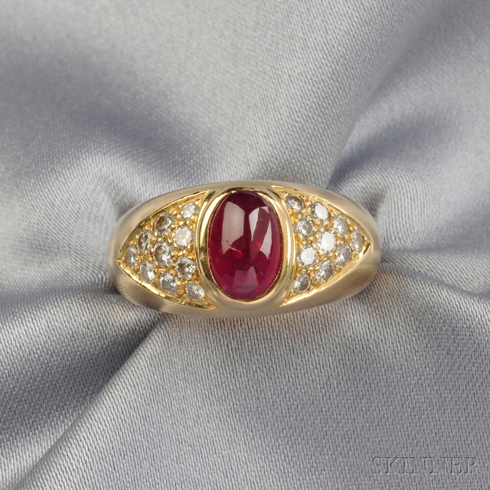 Appraisal: kt Gold Cabochon Ruby and Diamond Ring France bezel-set with