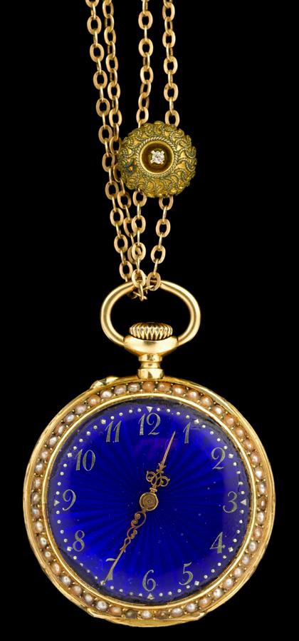 Appraisal: karat yellow gold and guilloche enamel pocket watchCircular case blue