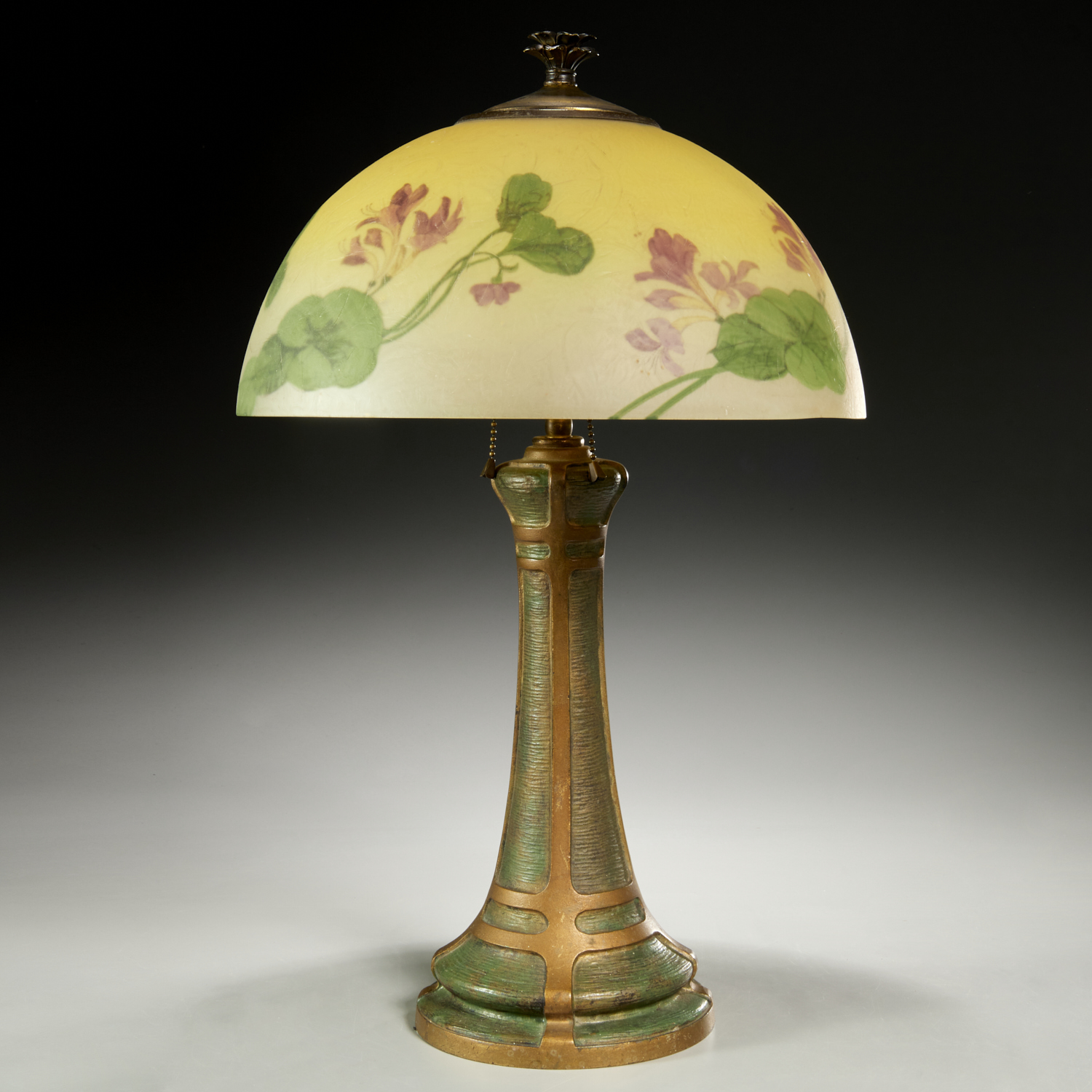 Appraisal: HANDEL REVERSE PAINTED TABLE LAMP c American acid-etched glass with