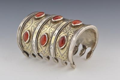 Appraisal: A Tall Silver Ethnic Cuff Bracelet with Carnelian Decorations Impressive