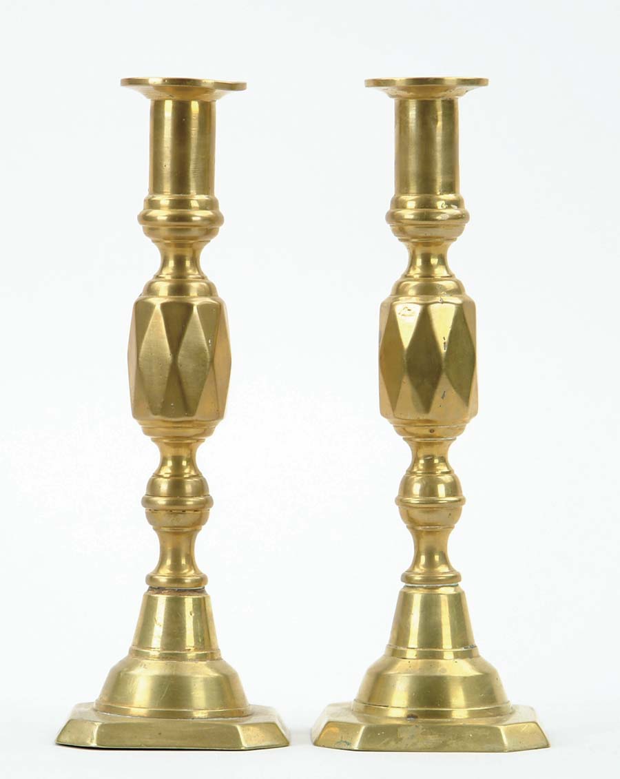 Appraisal: PAIR OF BRASS PUSH-UP CANDLESTICKS Cut corner square bases Push-ups