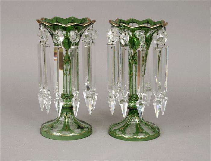 Appraisal: Pair of Bohemian Green-Flashed and Gilt Cut Glass Mantel Lusters