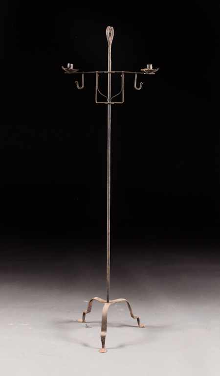 Appraisal: American wrought iron two-light adjustable floor candelabra th century in