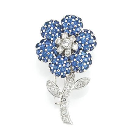 Appraisal: Sapphire and Diamond Flower Clip-Brooch Estimate -