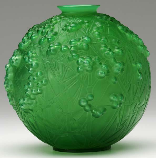 Appraisal: RENE LALIQUE Druides vase of emerald glass with whitish patina