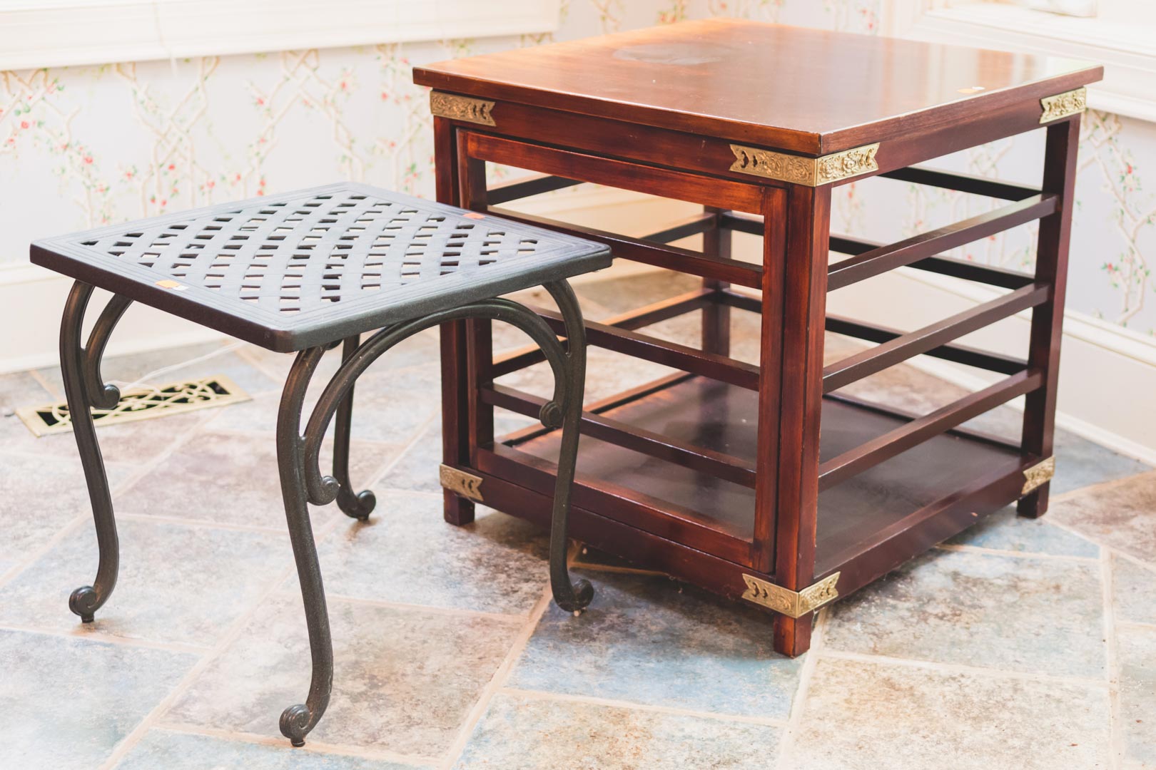 Appraisal: Brass-mounted pine square side table together with a metal patio