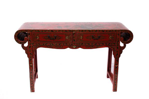 Appraisal: A Chinese red lacquer altar style table chips to edge