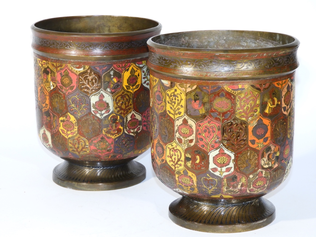 Appraisal: PR INDIAN BRONZE POLYCHROME CACHE POTS PLANTERS India Early th