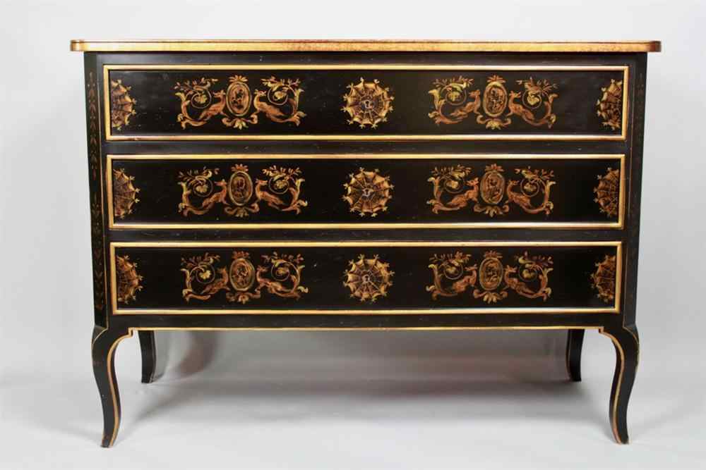 Appraisal: BLACK AND PARCEL GILT POLYCHROME DECORATED COMMODE LABELLED KARGES The