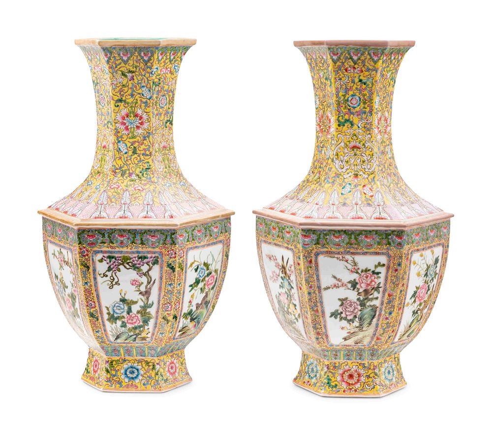 Appraisal: A Pair of Chinese Yellow Ground Famille Rose Porcelain Vases