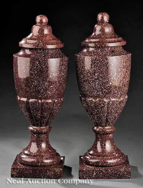 Appraisal: A Pair of Regency-Style Porphyry Covered Urns th c of